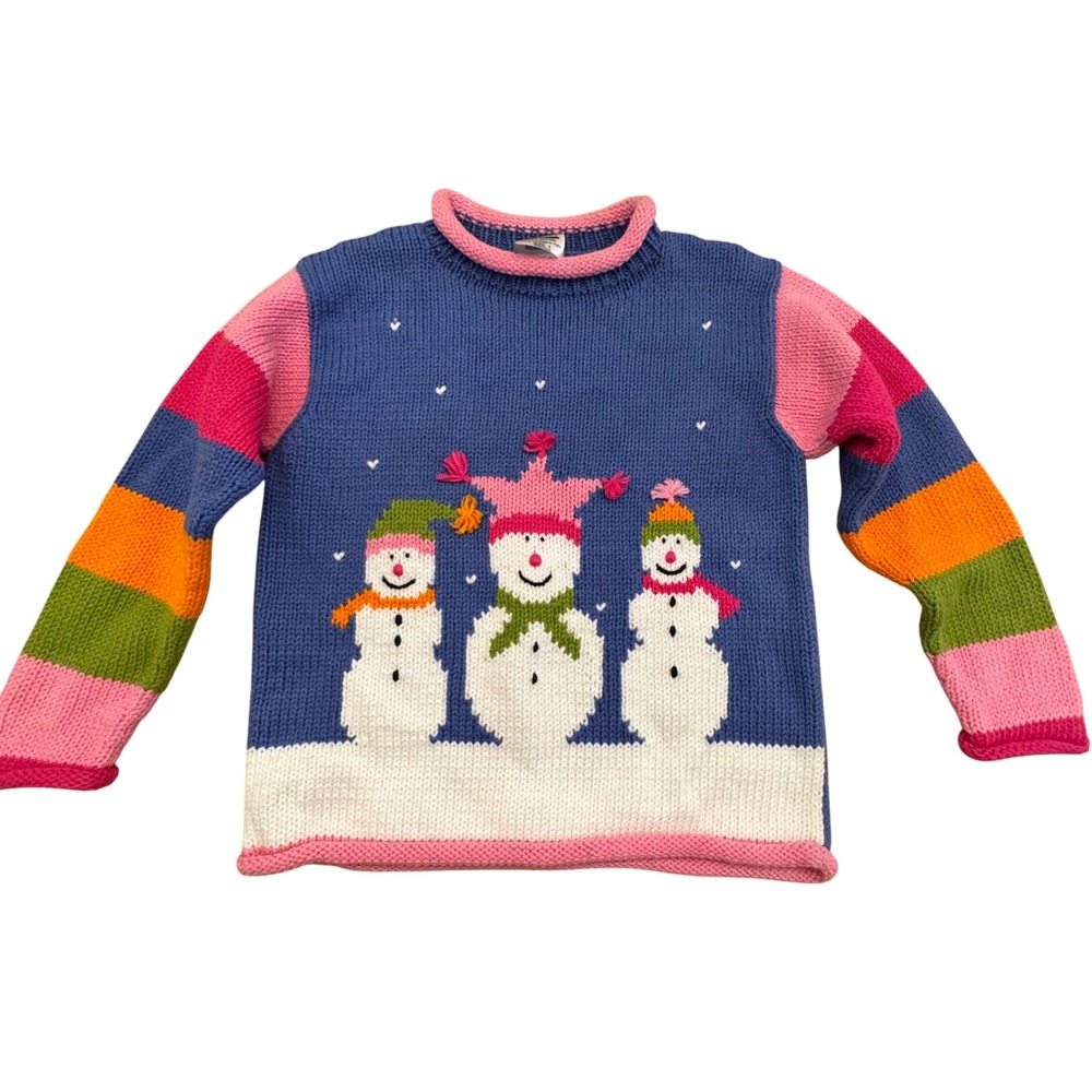 Mulberry Bush Snowman Sweater Kids 4T Rainbow Stripe Hand Loomed Knit Rolled Hem